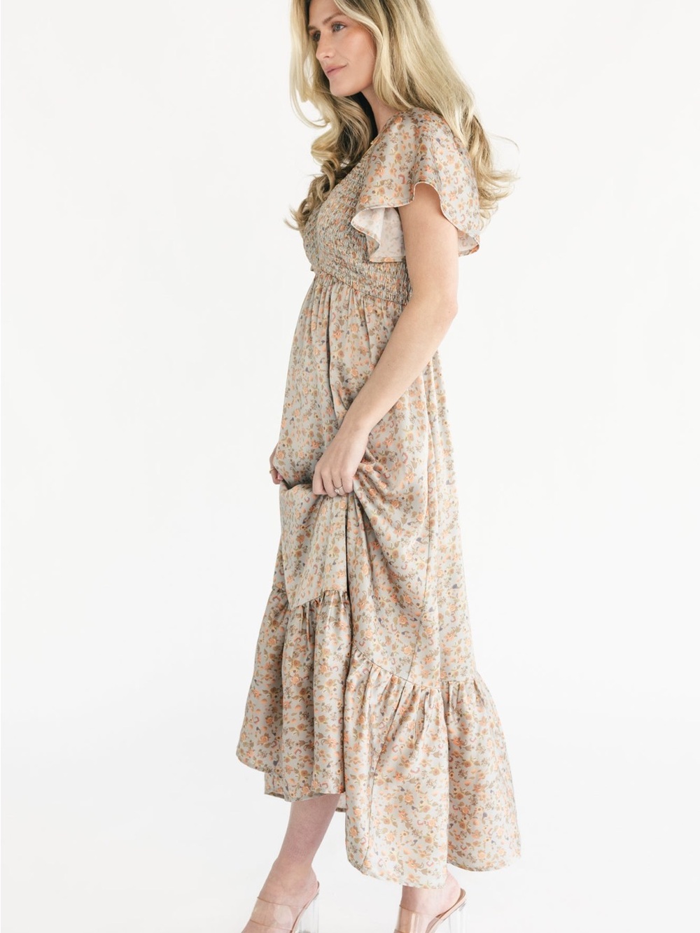 Floral Smocked Flutter-Sleeve Maxi Dress - Sage Beige Floral (Large NWT) - Picture 3 of 4